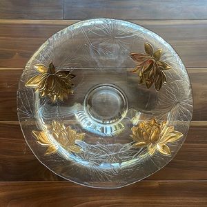 Vintage Clear Glass Dish Salad Bowl Gold Roses Floral